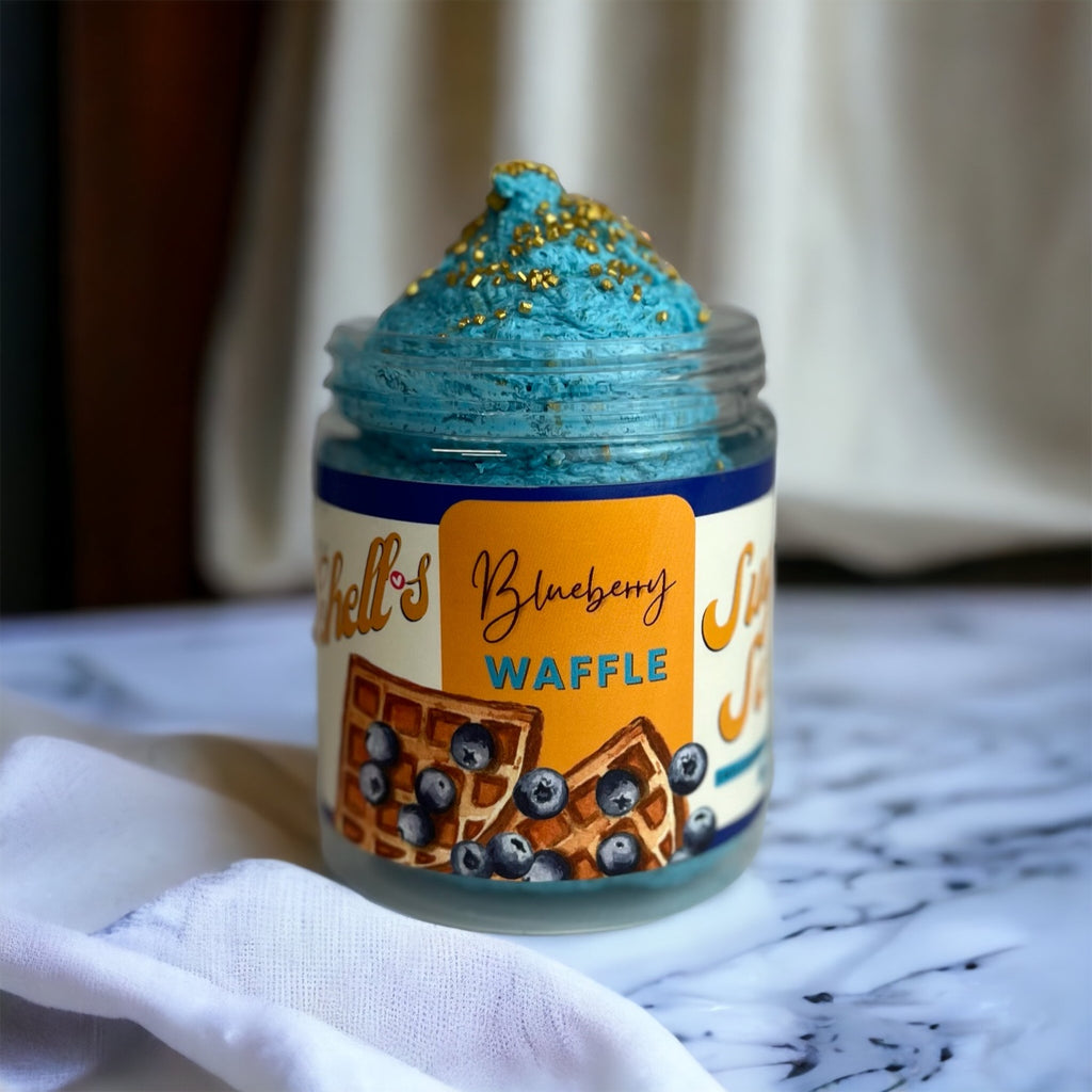Indulge in Chells mouth watering essence of freshly-baked blueberry waffles with our extraordinary Infused Blueberry Waffle Sugar Scrub. Immerse yourself in a shower experience that goes beyond the ordinary, enveloping your senses in the sweet nostalgia of lazy Sunday mornings and warm, syrup-drenched delights.